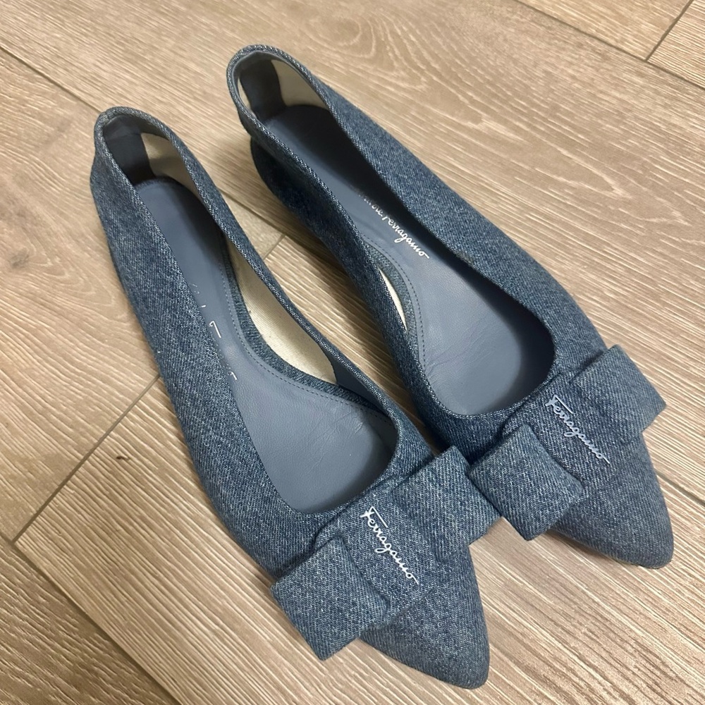 Salvatore Ferragamo Denim Blue Flats with Bow